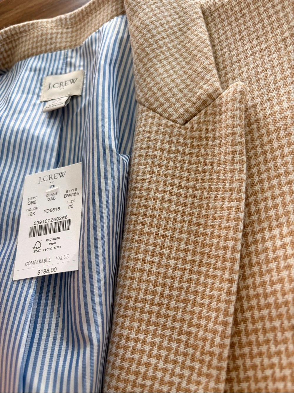 NWT J. Crew Houndstooth Single-Button Blazer Ivory British Khaki Women’s Size 22